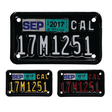 Load image into Gallery viewer, California CA motorcycle license plate wrap kit including black and white, black and yellow, and black and red