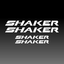 Load image into Gallery viewer, 4 logos of a dodge shaker sticker in a white color. Two small and two big stickers. These stickers are designed for brake calipers