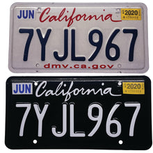 Load image into Gallery viewer, California CA Custom Cursive License Plate Wrap Black and White Before and After
