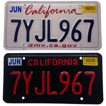 Load image into Gallery viewer, California CA Custom Legacy Vintage License Plate Wrap Black and Red Before and After
