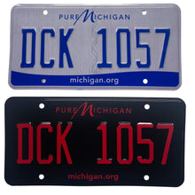 Load image into Gallery viewer, Michigan MI Cursive License Plate Wrap Black and Red Wrap Before and After
