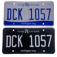 Load image into Gallery viewer, Michigan MI Cursive License Plate Wrap Black and White Wrap Before and After
