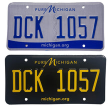 Load image into Gallery viewer, Michigan MI Cursive License Plate Wrap Black and Yellow Wrap Before and After
