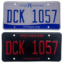 Load image into Gallery viewer, Michigan MI Print License Plate Wrap Black and Red Wrap Before and After
