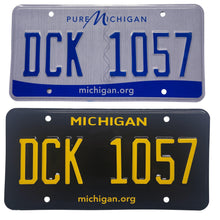 Load image into Gallery viewer, Michigan MI Print License Plate Wrap Black and Yellow Wrap Before and After
