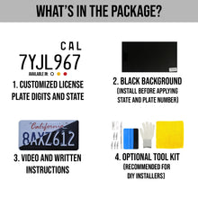 Load image into Gallery viewer, The package includes a customized license plate digits and state. Black background video and written instruction and an optional tool kit. 
